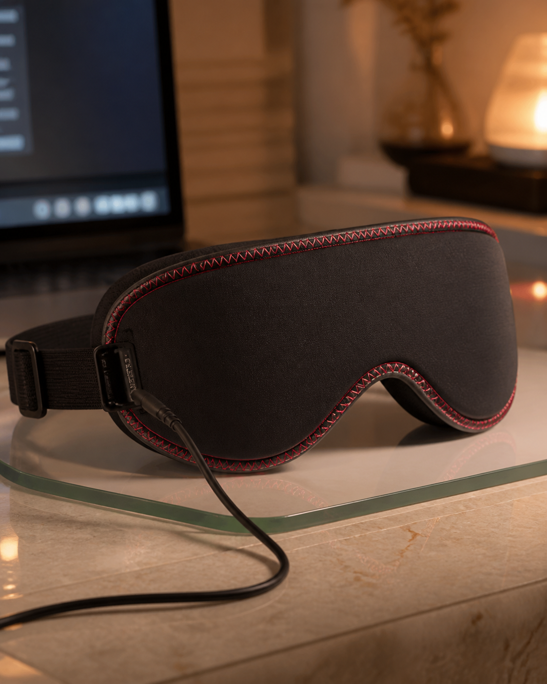 Black Lumen heated dry-eye mask with red stitching, side connector, cable and adjustable strap